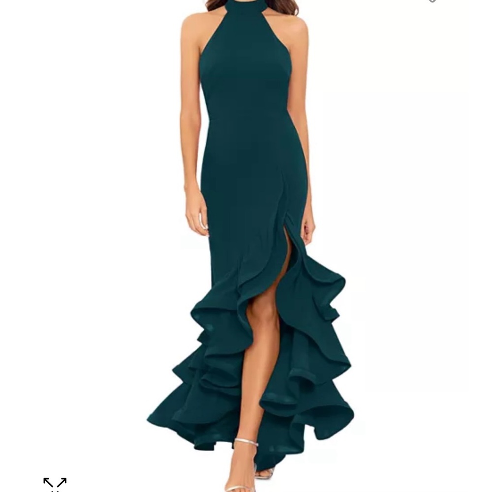 AQUA- Elegant Teal Halter Neck Ruffle Dress